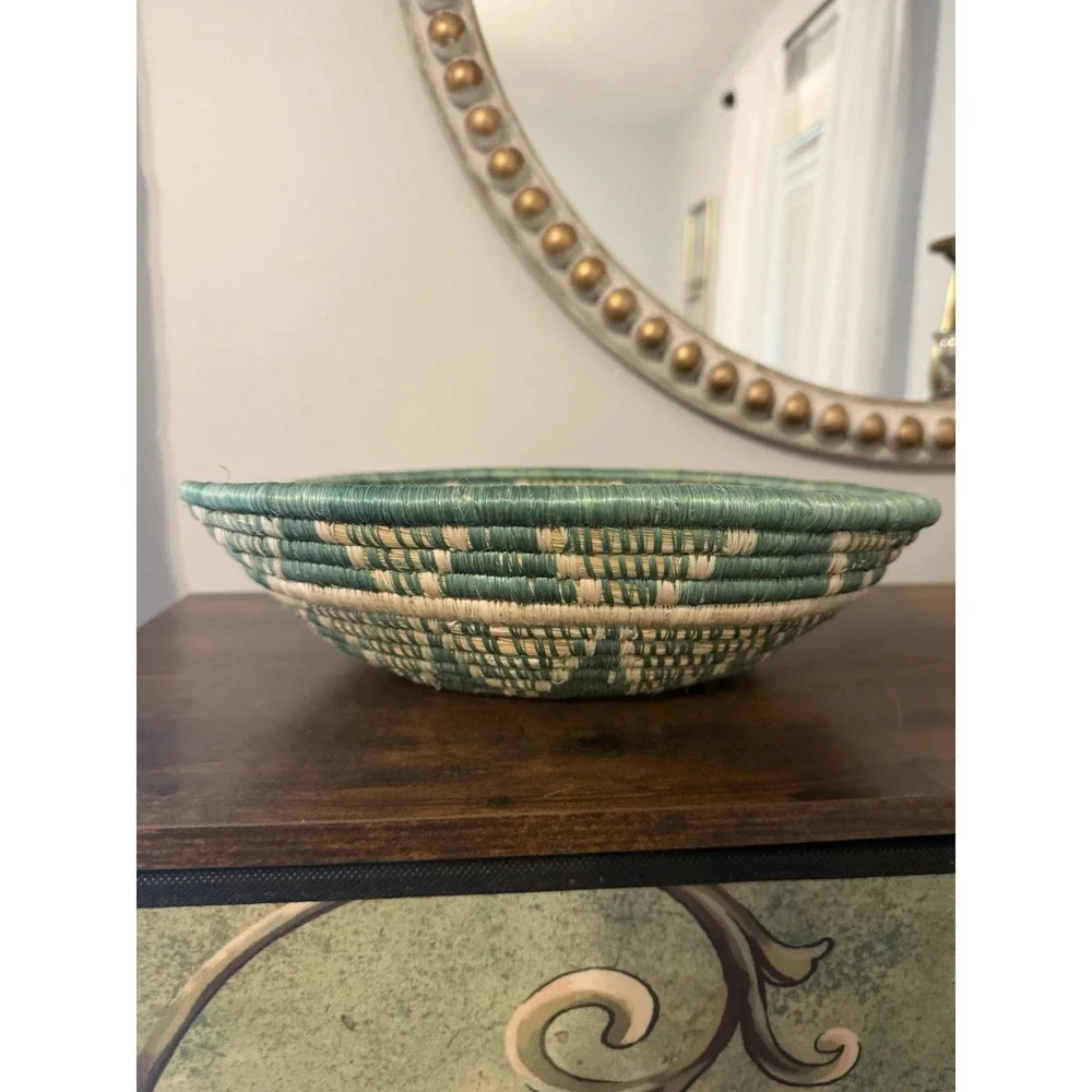 Handwoven African Basket Bowl Green Natural Fiber Coiled Wall Decor 12